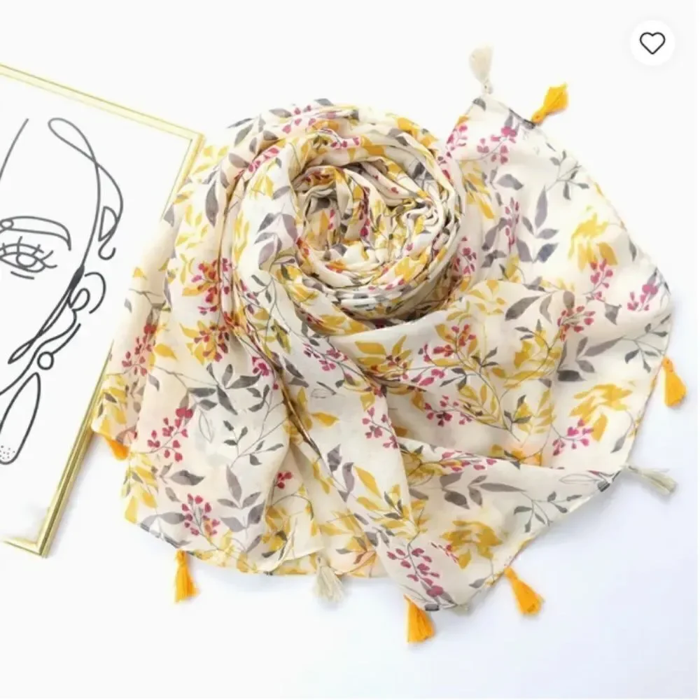 Boho Print Yellow Floral Scarf Bohemian Sheer